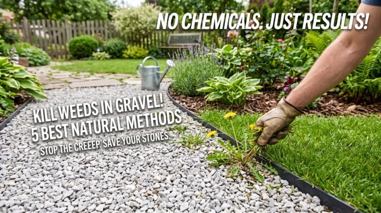 How to stop weeds in gravel permanently: a gloved hand pulling a dandelion from a clean crushed limestone path with a metal garden border edging.