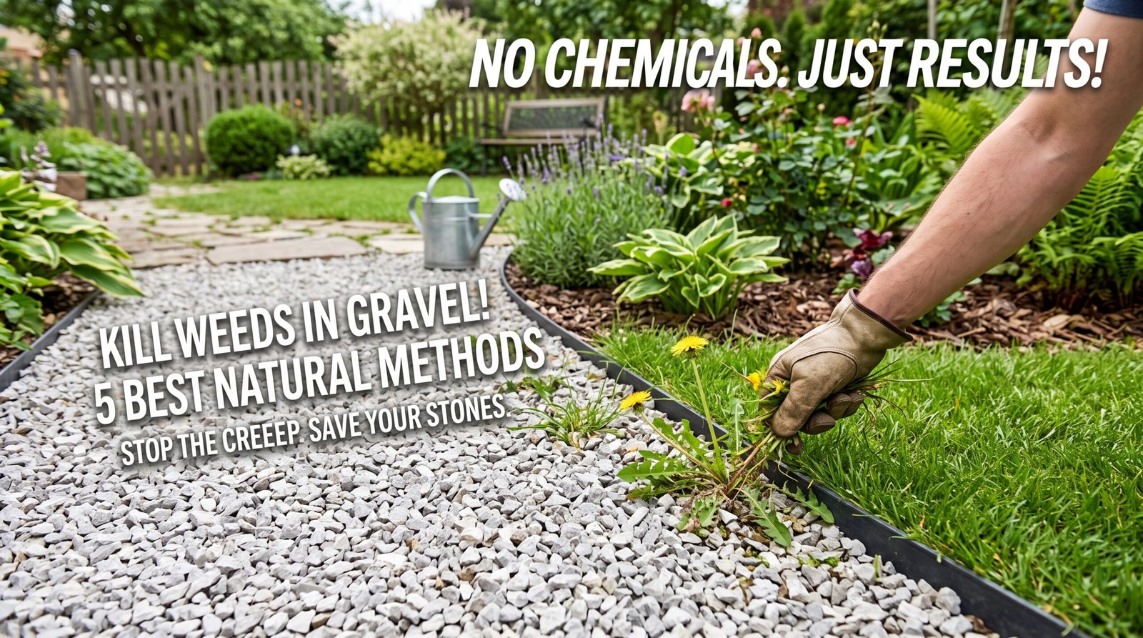 How to stop weeds in gravel permanently: a gloved hand pulling a dandelion from a clean crushed limestone path with a metal garden border edging.